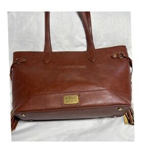 Frye and Co. Brown Tote Bag Faux Leather Patchwork‎ Fringe Accents Purse